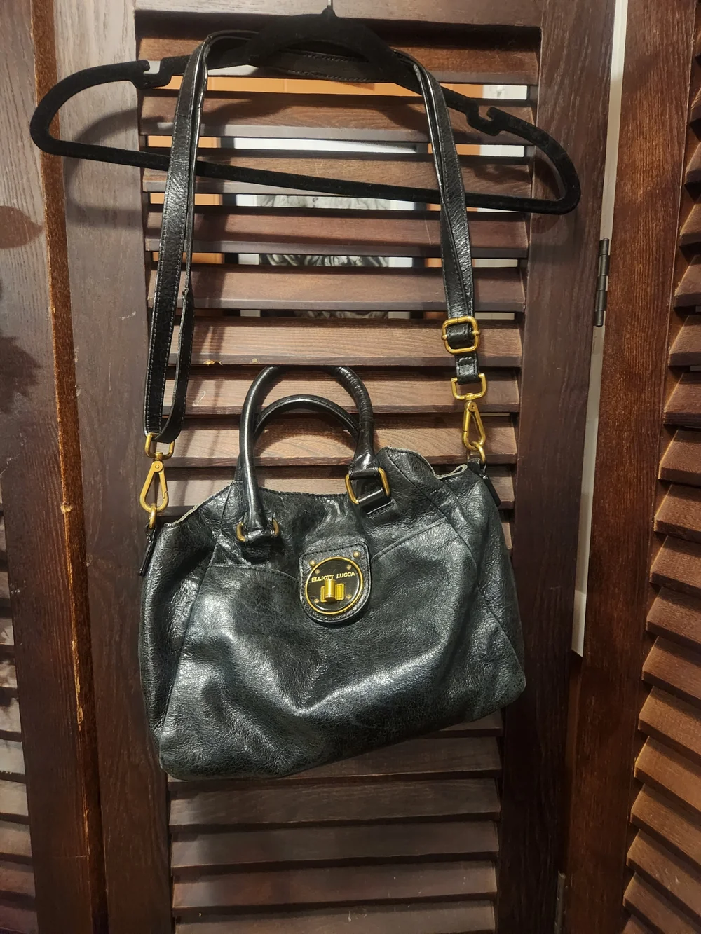 Elliott Lucca Black Leather Crossbody Satchel with Gold Hardware